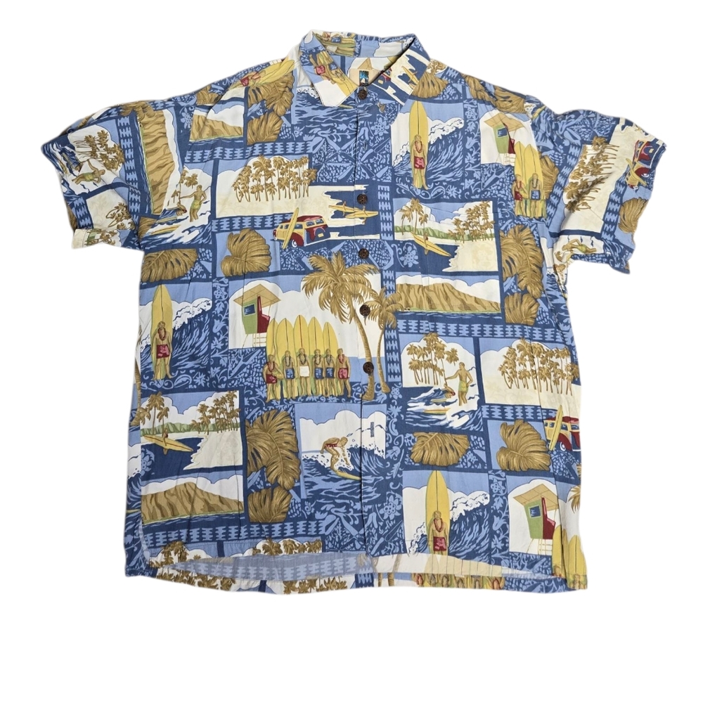 VINTAGE Hawaiian beach‎ short sleeve blue button up lightweight top shirt XL